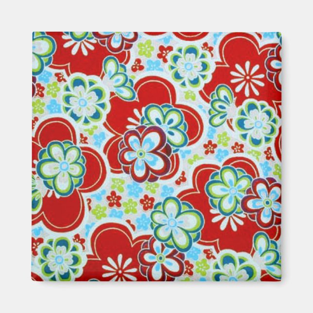 Aimant Fleurs rouges, bleues, vertes et blanches (Devant)