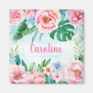 Aimant Fleurs tropicales Palm Feuille rose vert Aquarelle
