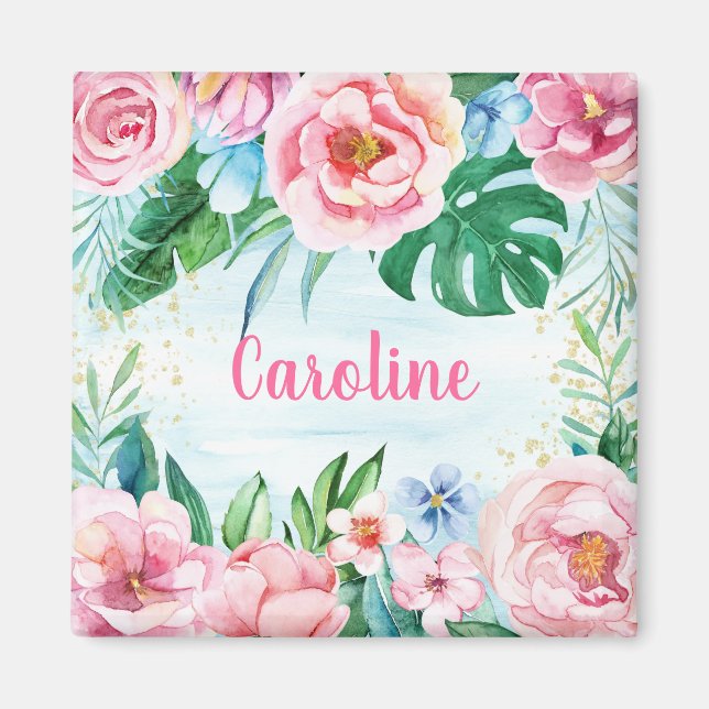 Aimant Fleurs tropicales Palm Feuille rose vert Aquarelle (Devant)