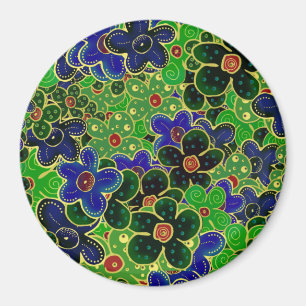 Aimant fleurs vertes et bleues avec garniture dorée