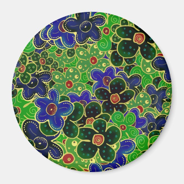 Aimant fleurs vertes et bleues avec garniture dorée (Devant)