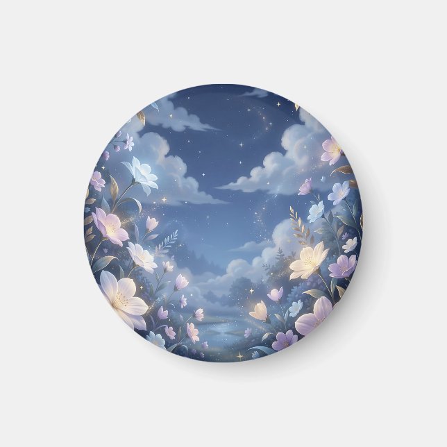 Aimant Fleurs violettes ciel nocturne étoilé fantaisie (Devant)