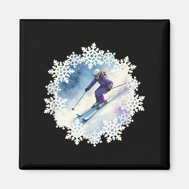 Aimant Flocons de neige et skieur à l'aquarelle  (Devant)