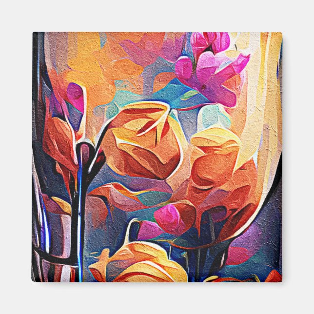 Aimant Floral Abstract Art Orange Red Blue Flowers (Devant)