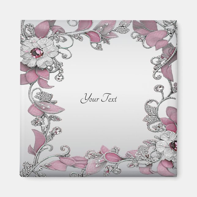 Aimant floral argent rose blanc (Devant)