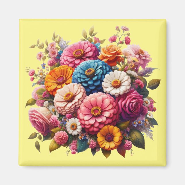 Aimant Floral coloré/Zinnia printanière/Rose (Devant)