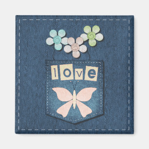 Aimant floral de papillon d'amour de blues-jean