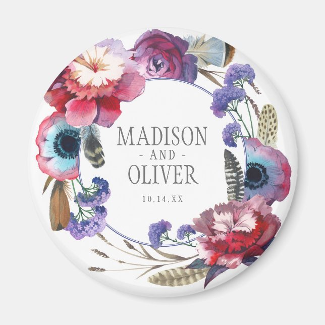 Aimant Floral de pivoine fleur sauvage avec plumes | MARI (Devant)