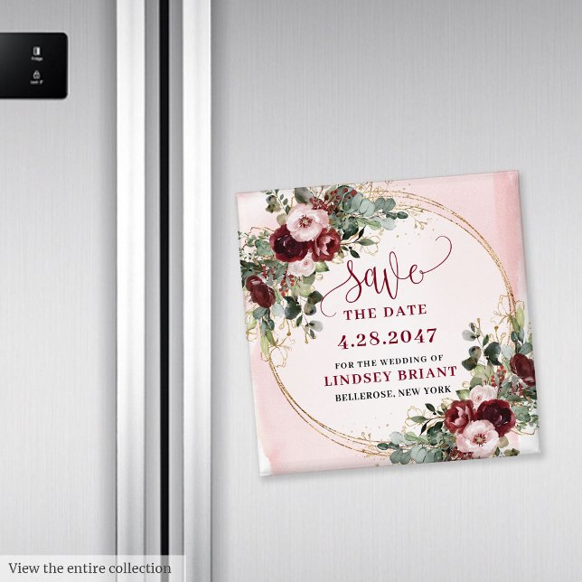 Aimant floral élégant Boho Bourgogne Blush Or (You want to be unique? This watercolor burgundy and blush floral save the date magnet is the perfect)