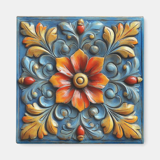 Aimant Floral espagnol mexicain Orange et bleu (Devant)