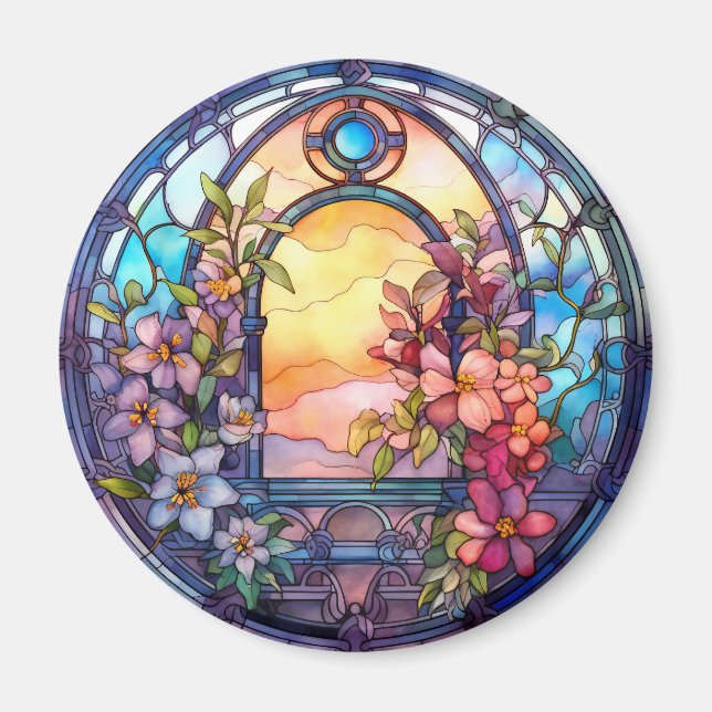 Aimant Floral Garland with Sunset Faux Stained-Glass (Devant)