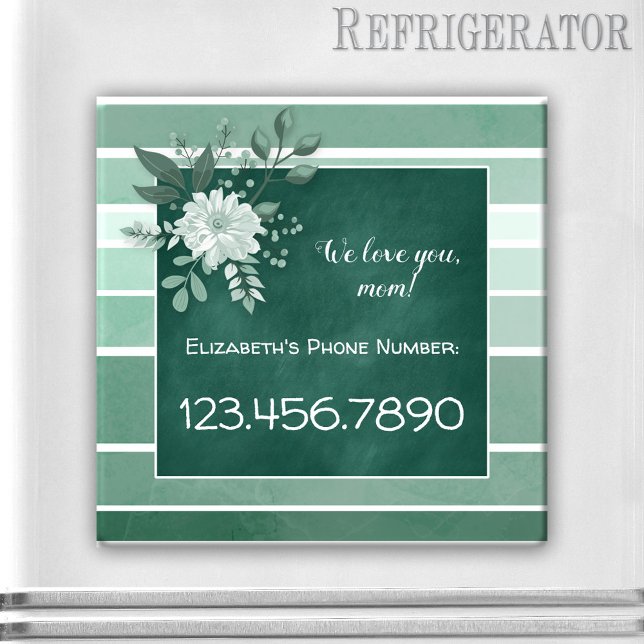 Aimant floral rayé tableau vert (Magnet featuring a green chalkboard image framed by an elegant green and white floral striped design)