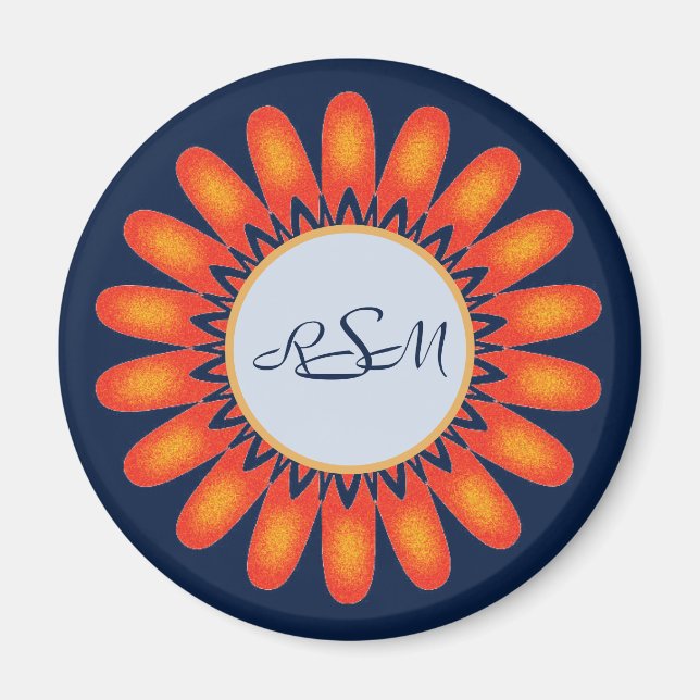 Aimant Floral Vibrant Orange Fleur Marine bleu Monogramme (Devant)