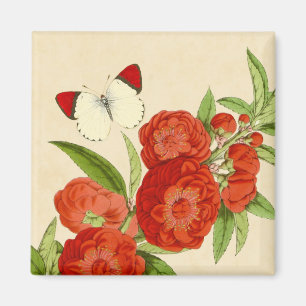 Aimant floral vintage avec fleur rouge et papillon