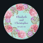 Aimant Floral Watercolor Wreath Joli Mariage<br><div class="desc">Un joli mariage garde/commémoratif ou enregistrer l'aimant de date. Une belle illustration botanique avec une couronne circulaire de jolies fleurs d'aquarelle rose et violet avec des feuilles verts entre les deux. Le design floral est composé de pivoines roses et d'anémones violets. L'arrière - plan est une texture d'aquarelle douce vert...</div>