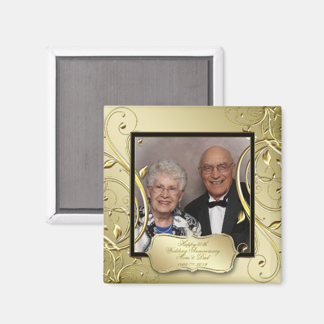 Aimant Flourish Gold Black 50th Mariage Anniversaire Phot (Recto/Verso)