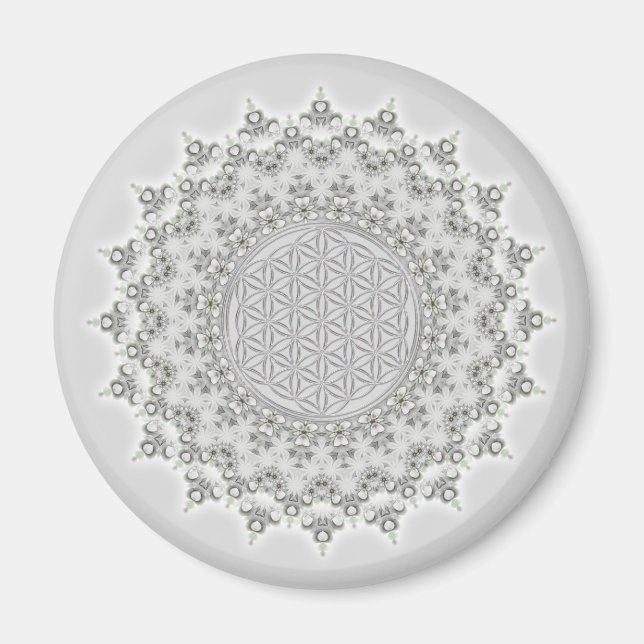 Aimant Flower of Life - Fractal Mandala grey green (Devant)