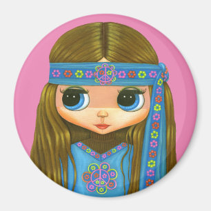 Aimant Flower Power Hippie Chick Headband Big Eyes mignon