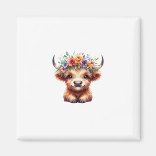 Aimant Fluffy Baby Highland Cow with Floral Crown – Cute 