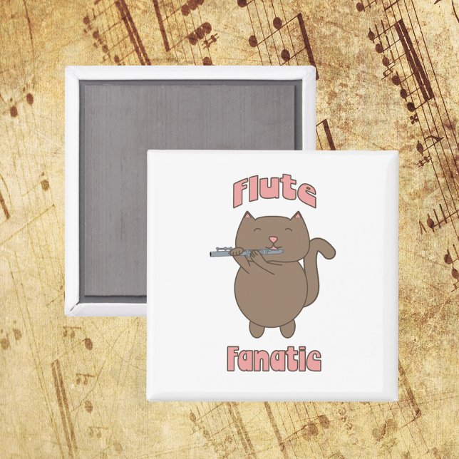 Aimant Flute Fanatique Chat amusant (A fun magnet that says flute fanatic in pink letters with a brown cat playing the flute!)