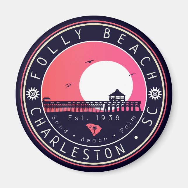 Aimant Folly Beach SC Souvenirs Retro Sunset Pier 60s (Devant)