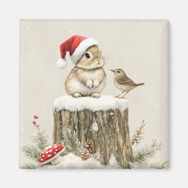 Aimant Forêt enneigée Bois hivernal Noël Lapin Oiseau  (Devant)