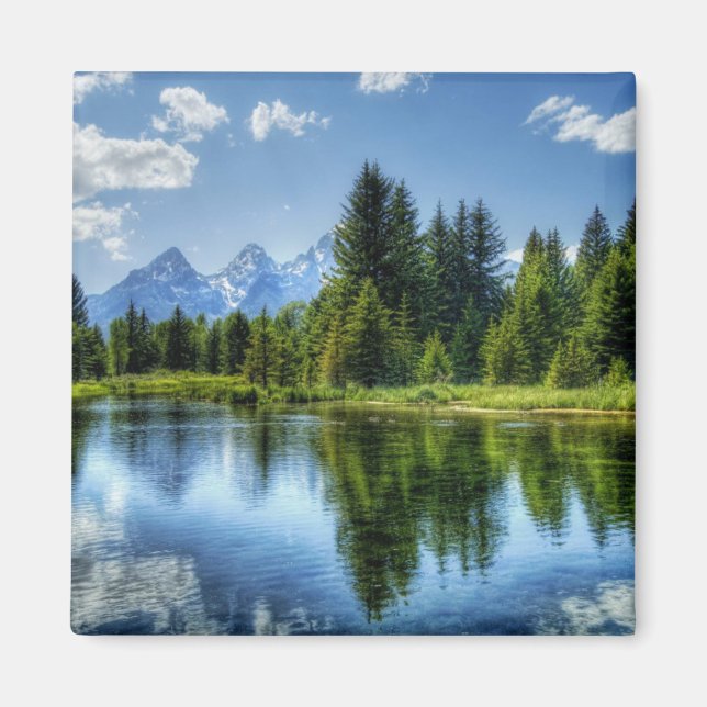 Aimant Forêt lumineuse avec montagne et lac (Devant)