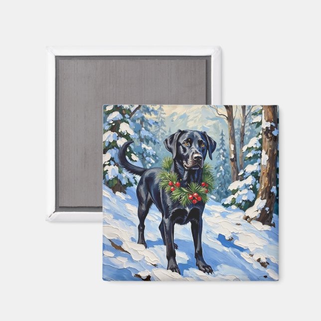 Aimant Forêt sereine de Noël de l'hiver de Lab noir (Recto/Verso)