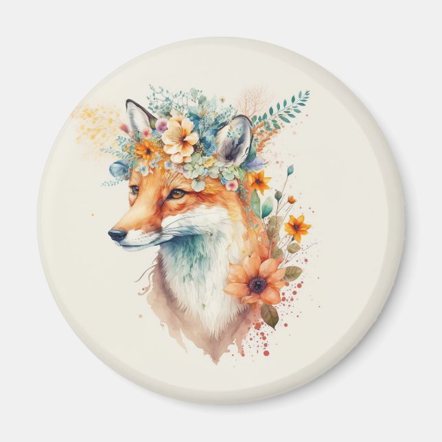 Aimant Fox Flower Crown Watercolor                        (Devant)