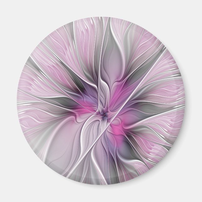 Aimant Fractal Floral Moderne Abstrait Fleur Rose Gris (Devant)