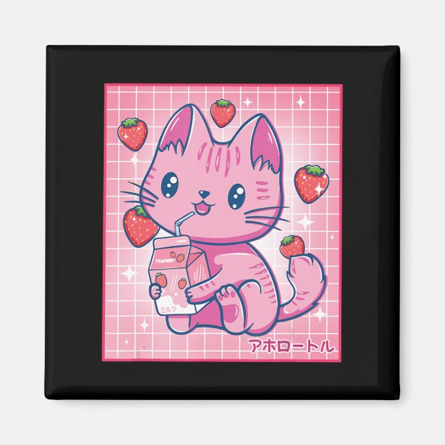 Aimant Fraise Shake fraise Lait Chat Kawaii Neko G (Devant)