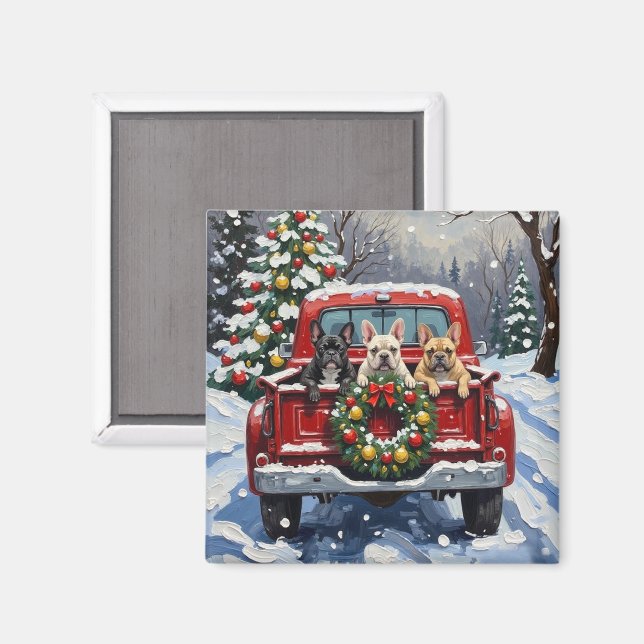 Aimant French Bulldog Christmas Red Truck Holiday (Recto/Verso)