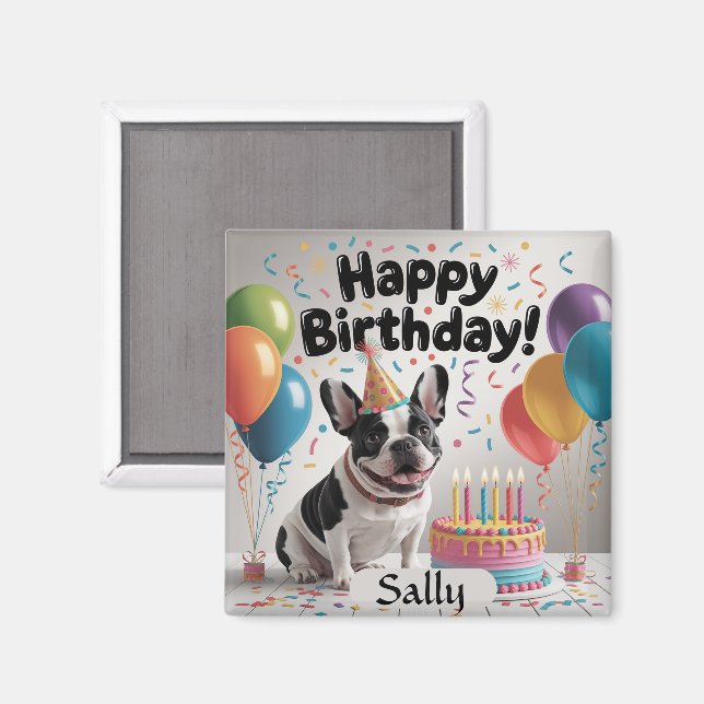 Aimant French Bulldog Joyeux anniversaire (Recto/Verso)