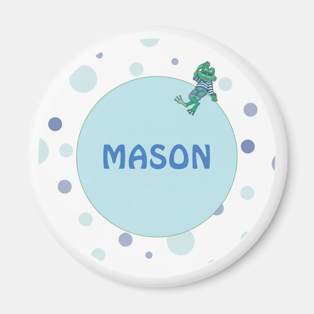 Aimant Frog in Jeans, Birthday, Polka Dots, Custom Name (Devant)