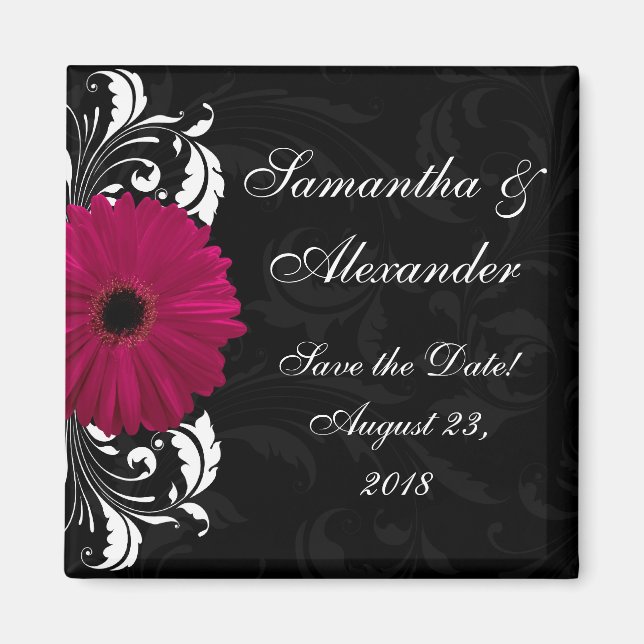 Aimant Fuchsia Scroll Gerbera Daisy avec noir et blanc (Devant)