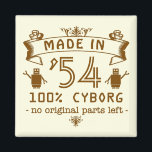 Aimant Funny Birthday Cyborg avec année personnalisable<br><div class="desc">Cet amusant gag cadeau de nouveauté d'anniversaire magnet carré dit, "Fabriqué en ___ / 100% Cyborg / pas de pièces originales encore." Le design unique sur la colline est réalisé en brun avec une combinaison de fleurs rétro / vintage, une bannière et deux petits robots. Changez facilement l'année à l'année...</div>