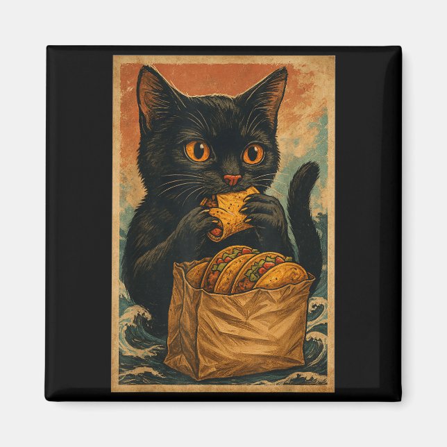 Aimant Funny Black Cat Eating Tacos Retro Japanese  (Devant)
