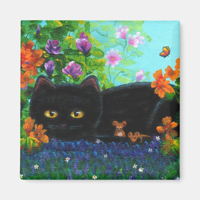 Aimant Funny Black Cat Fleurs de souris Cat Créationarts (Devant)