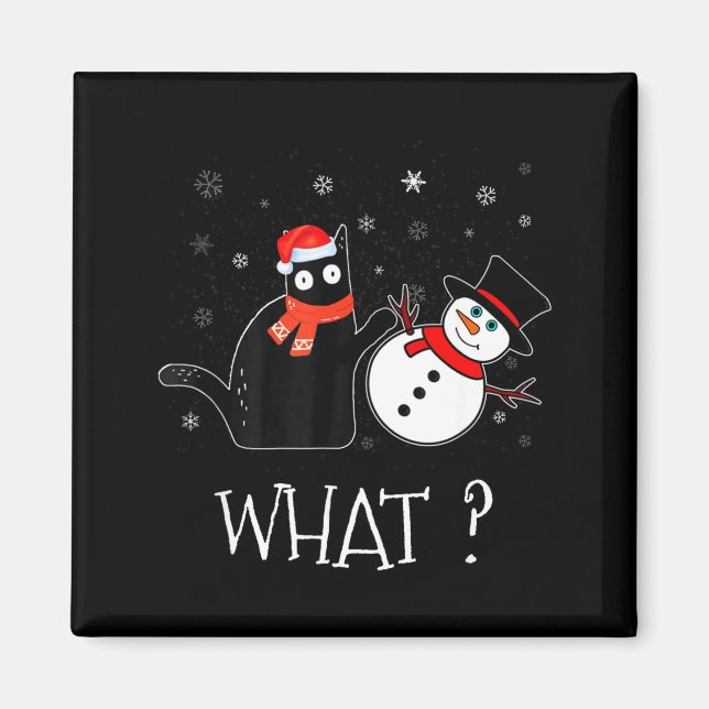 Aimant Funny Black Cat Pushing Snowman Christmas Winter C (Devant)