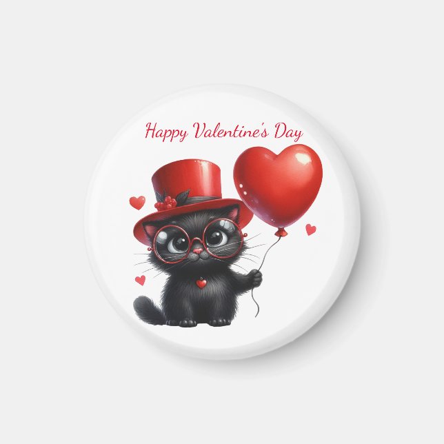 Aimant Funny Black Cat With Balloons Valentine's Day (Devant)