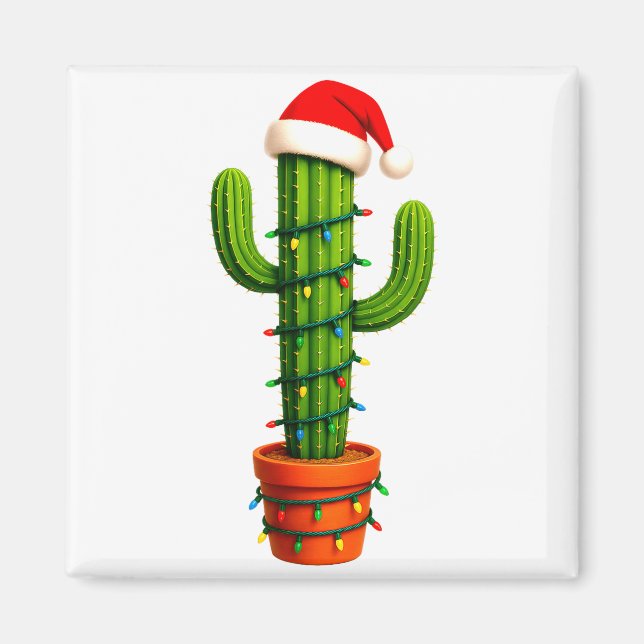 Aimant Funny Cactus Santa Hat Xmas Tree Lights Merry Chri (Devant)