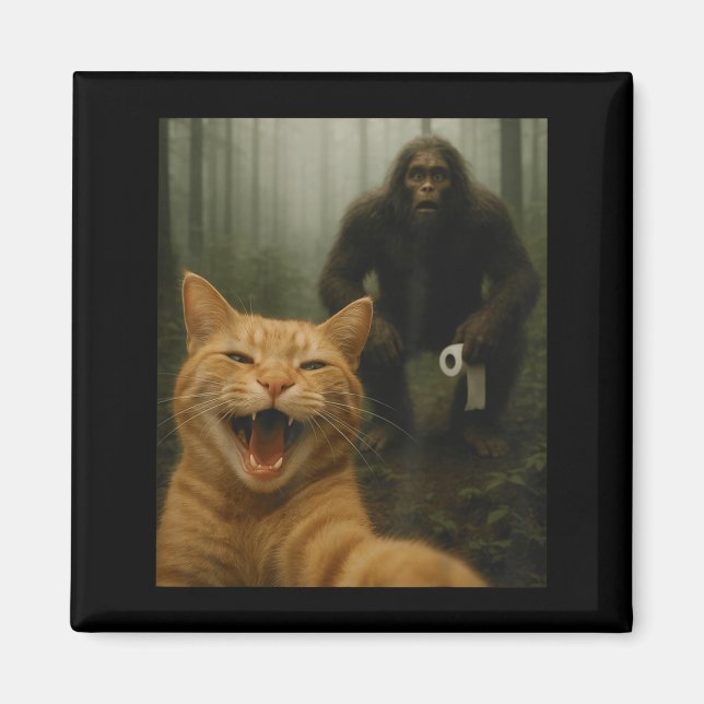 Aimant Funny Cat Surprised Happy Selfie With Bigfoot Sasq (Devant)