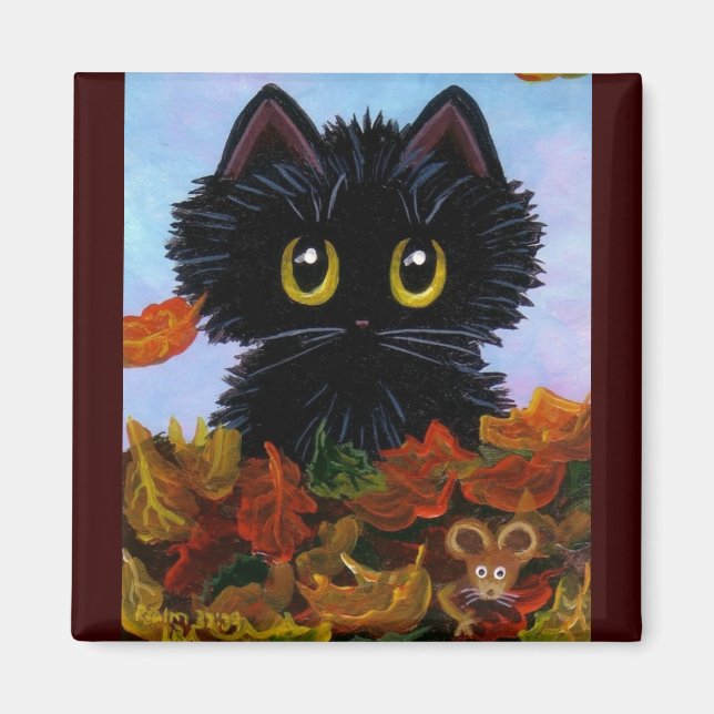 Aimant Funny Chat Souris Automne Feuilles Créationarts (Devant)
