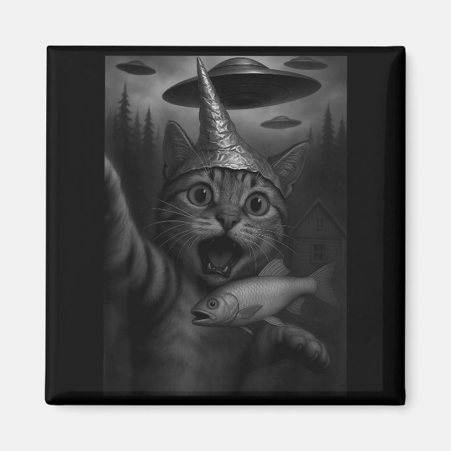 Aimant Funny Consracy Cat In Tin Foil Hat Panics At Alien (Devant)