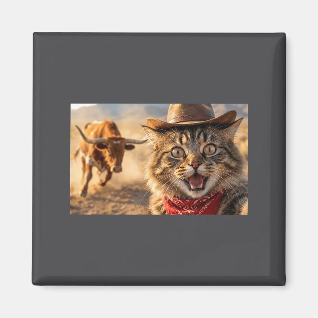 Aimant Funny Cowboy Cat Selfie With Charging Bull Western (Devant)