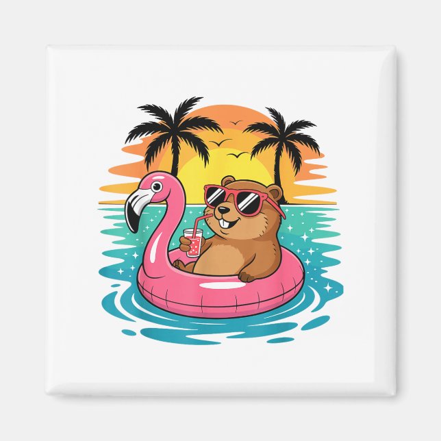 Aimant Funny Groundhog Hawaïen Flamingo Flotteur Plage Ét (Devant)
