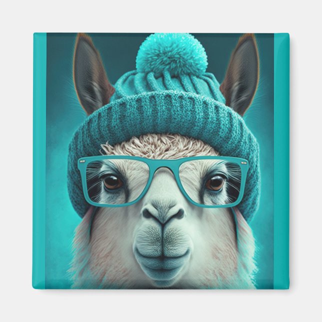 Aimant Funny Llama Alpaca Cute Animals Beanie Hat Glasses (Devant)