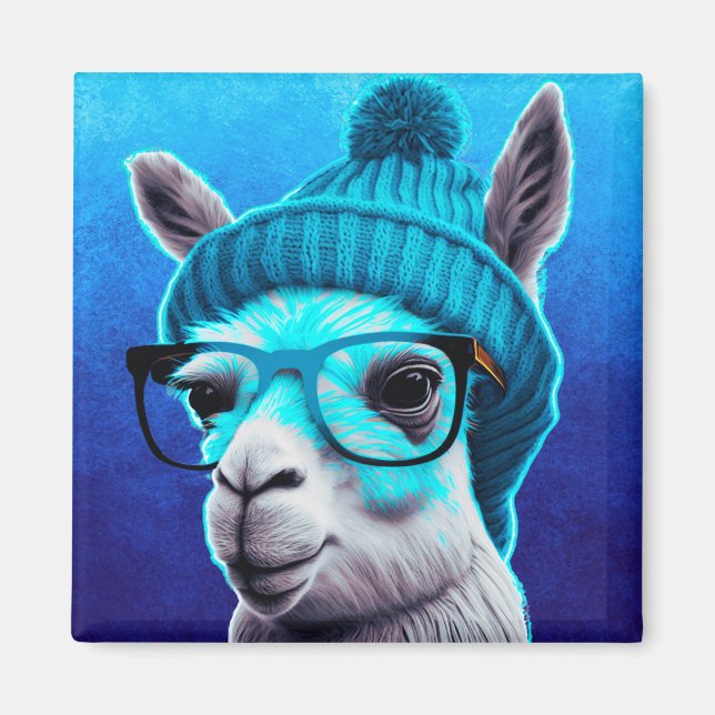 Aimant Funny Llama Alpaca Cute Animals Beanie Hat Glasses (Devant)