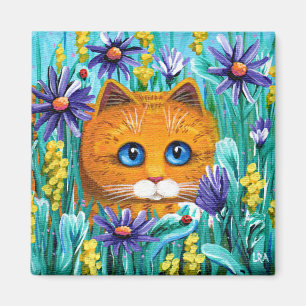 Aimant Funny Orange Tabby Chat Fleurs de souris Cat Créat