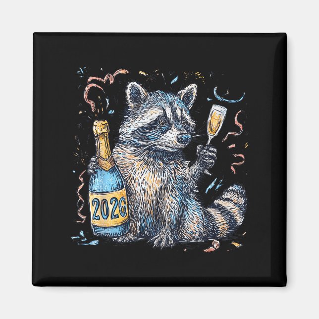 Aimant Funny Raccoon With Champagne Disco Ball New Years  (Devant)